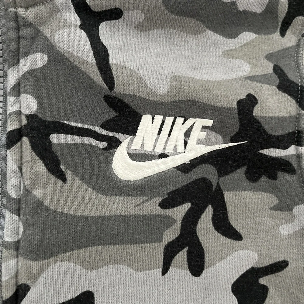Nike Full Zip Sweatshirt Hoodie Boys L Gray/Black Camo Pockets Fleece Cotton